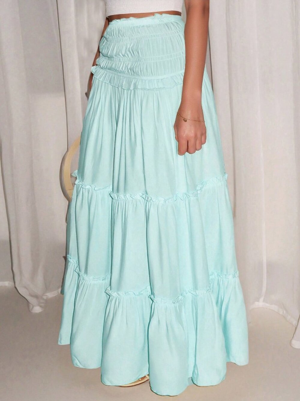 Baby Blue Elegant Women's Pleated Mixed-Fabric Ruffle Hem Casual Vacation Skirt - Picture 7 of 8